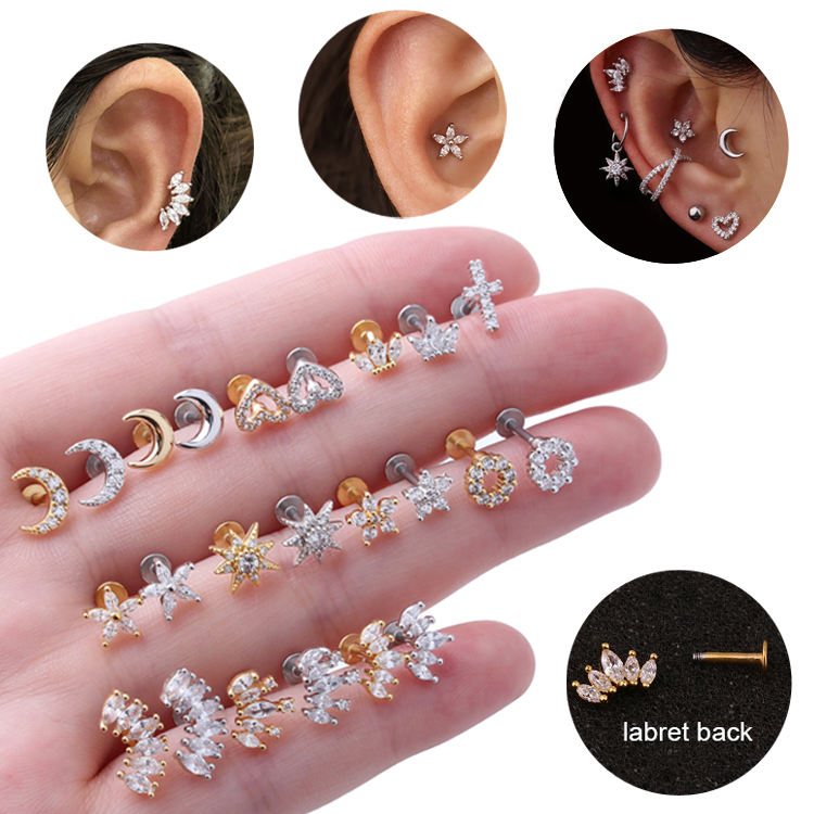 YW Heart Crown Tiny Stud Flower Shape Ear Piercing Studs White Earrings Lip  Piercing Jewellery