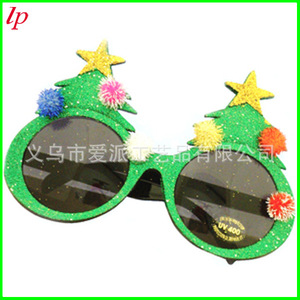 Christmas Tree Glasses <b>Green</b> <b>Glitter</b> Pom Pom Party Props LPS0069 - Product Image 2