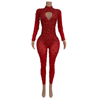 Combinaison sexy à manches longues avec strass, grande taille, pour femmes, soirée en boîte de nuit, combinaison moulante, tenue de danseuse