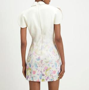 Robe courte à manches courtes pour femme, imprimé floral blanc, col mandarin, fermeture éclair au dos, élégante, pour le printemps, tissu tissé - Product Image 3