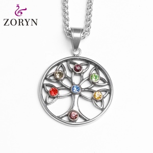 Stainless Steel <b>Tree</b> of Life Pendant Colorful <b>Crystal</b> Chakra Celtic Knot Vintage Spiritual Titanium Steel Fashion Jewelry - Product Image 1