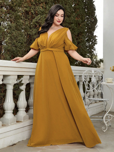 <span class=keywords><strong>Vestido</strong></span> de Noche Elegante de Gasa para Mujer Tallas Grandes, con Cuello en V, <span class=keywords><strong>Manga</strong></span> Media Farol, Hombros Descubiertos, Cinturón en la Cintura y Cremallera Trasera - Product Image 6