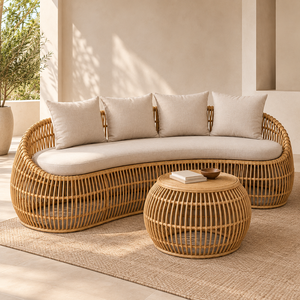 Conjunto de Sofá de Ratán Moderno para Exteriores con Cojines y Mesa de Centro, Muebles de Jardín Contemporáneos, Tejido Natural, Resistente a los Rayos UV - Product Image 1