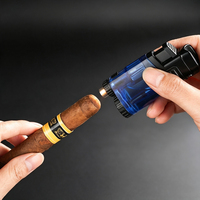 Briquet torche multifonctionnel coupe-vent à triple flamme pour cigares avec réservoir de carburant transparent, réglage de la flamme et support de cigare avec perforateur