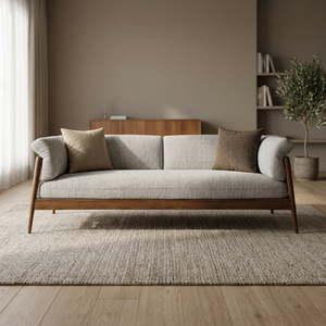 Midcentury Modern Three Seat <b>Sofa</b> With Wooden Frame Fabric Upholstery Rolled Arms Loose Back Living Room Furniture - Product Image 2