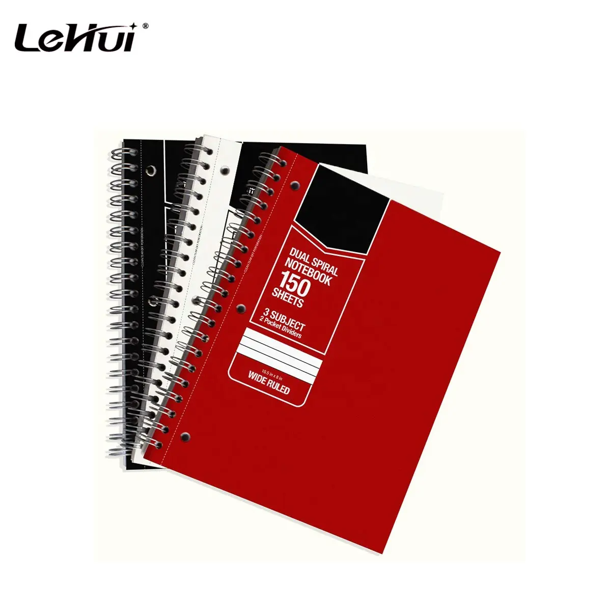 Dibuat Di Cina Pak 3 10.5X8 Inci Hitam Merah Putih Lebar Memerintah 3-Subject 150 Lembar notebook dengan Saku Divider