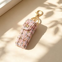 Pochette de rangement vintage de luxe en tweed pour rouge à lèvres, avec empiècements en cuir, breloque de sac porte-clés, décor transfrontalier pour cadeau promotionnel