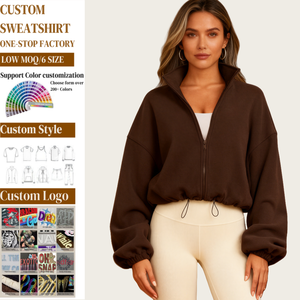 TKAN464 OEM Custom Winter Women'S Gym Set Dailywear 2 Piece Crop Top Zipper Hoodie Casual Long Sleeve Warm Velvet Zipper Jacket - Product Image 1