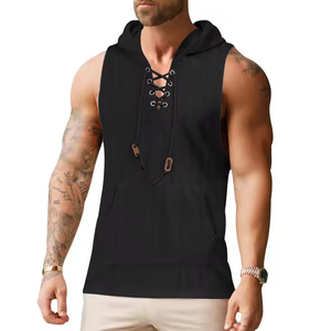 Vente flash : Nouveau gilet grande taille pour homme, fin, décontracté, à capuche, couleur unie, sans manches, avec lacets, pour l'été - Product Image 3