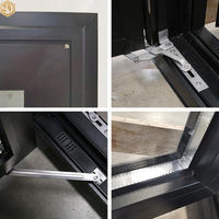 Fenêtre à double battant moderne en aluminium noir avec moustiquaire extérieure intégrée et vitrage clair à l'intérieur
