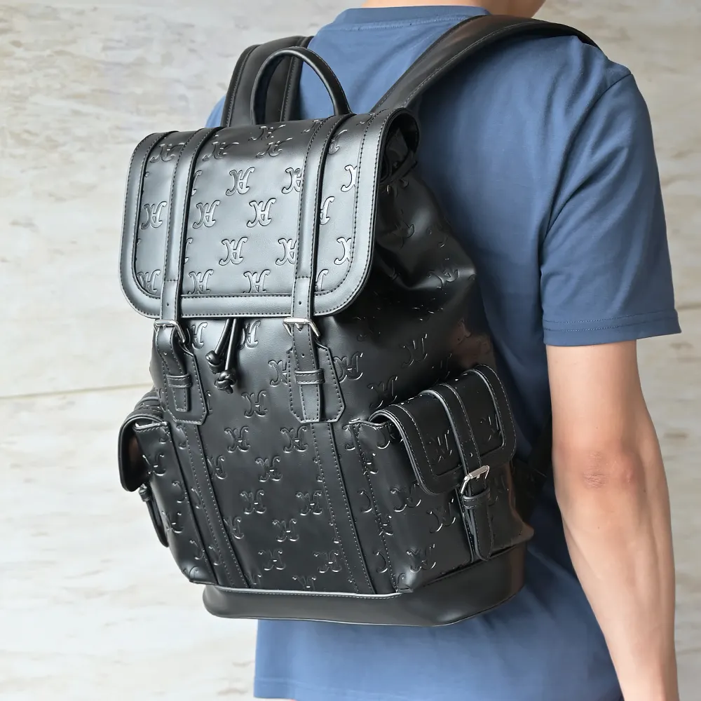 custom debossed logo vegan PU faux leather men's fashion business work laptop travel backpacks bag