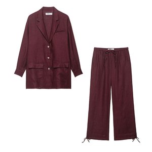 Veste de costume longue en lin taille haute européenne américaine pour femmes automne décontractée Bloomers à lacets détail solide vente en gros 173 - Product Image 5