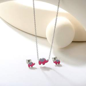 Cute <b>Elephant</b> Pendant Stainless Steel Necklace And Earrings Set For Women <b>Gift</b> Jewelry Pink Heart Animal Design Fashion - Product Image 3