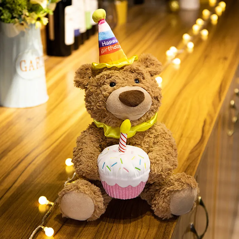 Custom Cake Lighting Plush Bear Gifts Happy Birthday LED Night Light Stuffed Soft Teddy Bear Toy With Music