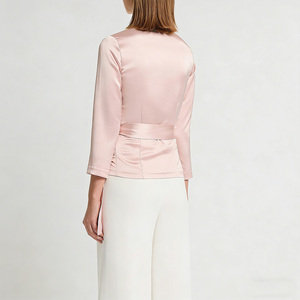 Blusa Elegante de Satén Rosa para Mujer, Estilo Formal de Oficina, para el Día y la Noche, con Cuello en V, Manga 3/4 y Cintura con Lazo - Product Image 2