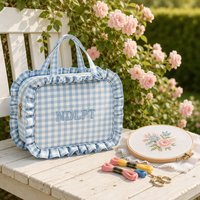Sac fourre-tout personnalisé à volants en gingham avec broderie, sac de rangement pour travaux d'aiguille, sac à point de croix, sac à points de broderie, sac à volants