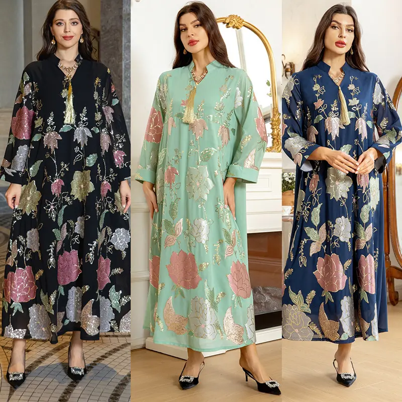 A349floral đính cườm váy lỏng Arabic khiêm tốn Muslim maxi Dresses Muslim của phụ nữ áo choàng ăn mặc cho phụ nữ