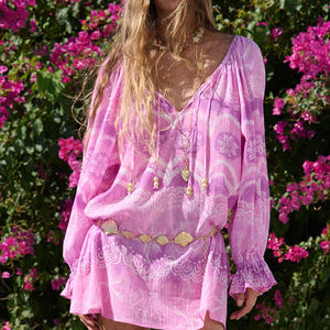 Factory Bohemian Print Comfortable Mini <b>Dress</b> Custom 100% Organic Cotton <b>Crinkle</b> Waist-cinching <b>Dress</b> - Product Image 3