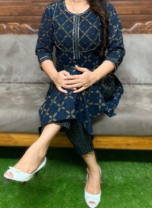 Dark Blue Straight Kurti <b>Pant</b> Set Sequins Work Embroidered Cotton Ethnic Wear <b>Three</b> <b>Quarter</b> Sleeves Round Neck Kurti <b>Pant</b> Set - Product Image 4