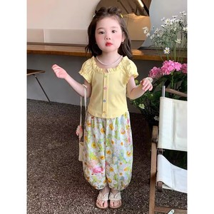 TongXingYuan Girls Summer Two Piece Set Yellow Top Floral Pants Cotton Baby Clothing Set - Product Image 3