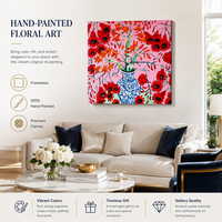 Buket Bunga Poppy Vas Porselen Biru Putih Lukisan Cat Minyak Latar Belakang Merah Muda Terang Impasto Fauvist Lukisan Kanvas Lukis Tangan Dekorasi Dinding