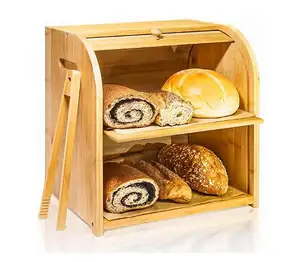 Wholesale Bamboo Bread Storage Box Double Layer Roll top Bread Box for Kitchen Counter