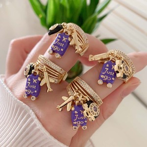 Anello da viaggio Tk-L629, nuovo arrivo, regalo per amanti dei viaggi, placcato oro, micro zirconi cubici, anello aperto con goccia viola, a forma di valigia e aereo - Product Image 3