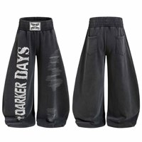 Pantalon de survêtement large pour homme, style Hip Hop Mid Street, délavé et vieilli, avec lettres imprimées OEM, design déchiré, cordon de serrage, été