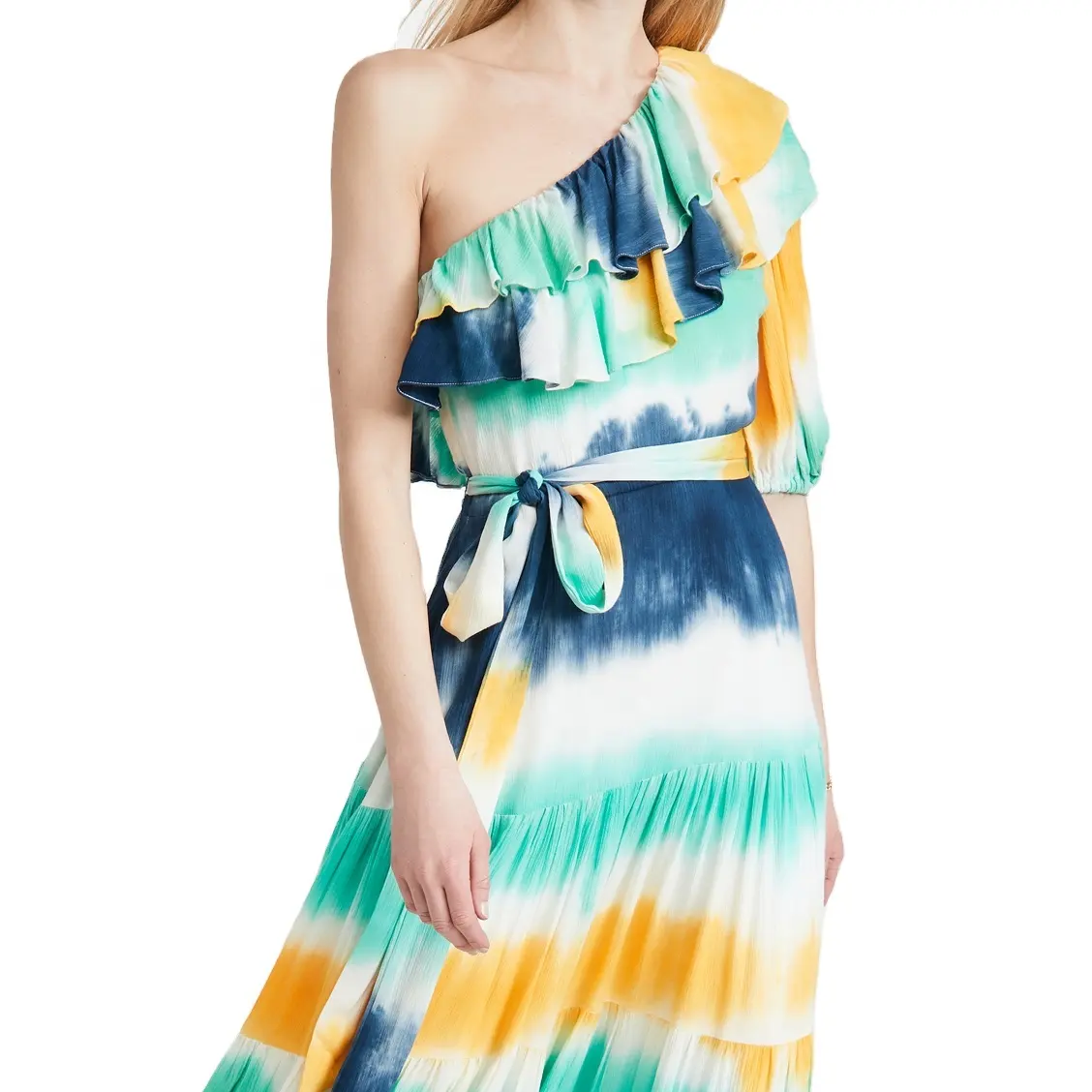 Diseño personalizado primavera elegante sin mangas hombro contaminado vestido azul Tie-dye