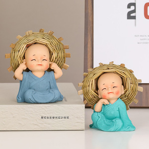 Cute Monk Figurine Resin 4Pcs Desk <b>Decor</b> Gift Feng Shui Style Light Weight Office Decoration - Product Image 2