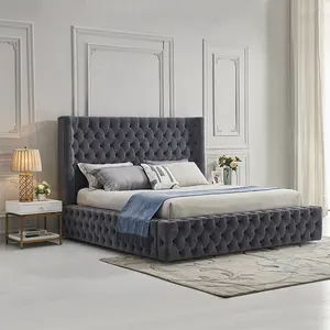 Lüks up-holstered katı ahşap depolama bazalı yatak çerçeve tasarımları kraliçe mobilya