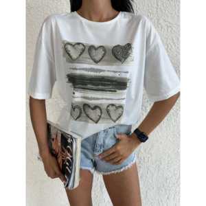 Camiseta Básica para Mujer con Estampado de Corazón, 100% Algodón Jersey, Transpirable, Manga Regular, Impresión Serigráfica - Product Image 4