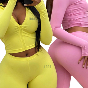 Setelan Yoga Dua Potong Jaket Logo Kustom 2024 Legging Model Flare Hoodie Resleting Pakaian Wanita Setelan Jogging Skinny Tracksuit - Product Image 6