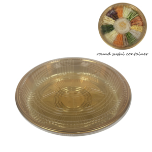 โร<span class=keywords><strong>ง</strong></span><span class=keywords><strong>ง</strong></span>านผลิตภาชนะใส่ซูชิโดยตรง เกรดอาหาร PET บรรจุภัณฑ์เย่ซัง ยูเซิง ขนาด 25 ซม. ภาชนะพลาสติกทร<span class=keywords><strong>ง</strong></span>กลมสีทองพร้อมฝาปิดแบบแบน - Product Image 1