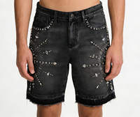 MOUNTNEVE 2026 Techwear Shorts de Mezclilla con Pedrería para Hombre, Lavado Ácido, Desgastados, con Tachuelas, Estilo Hip Hop, Streetwear, 100% Algodón Pesado