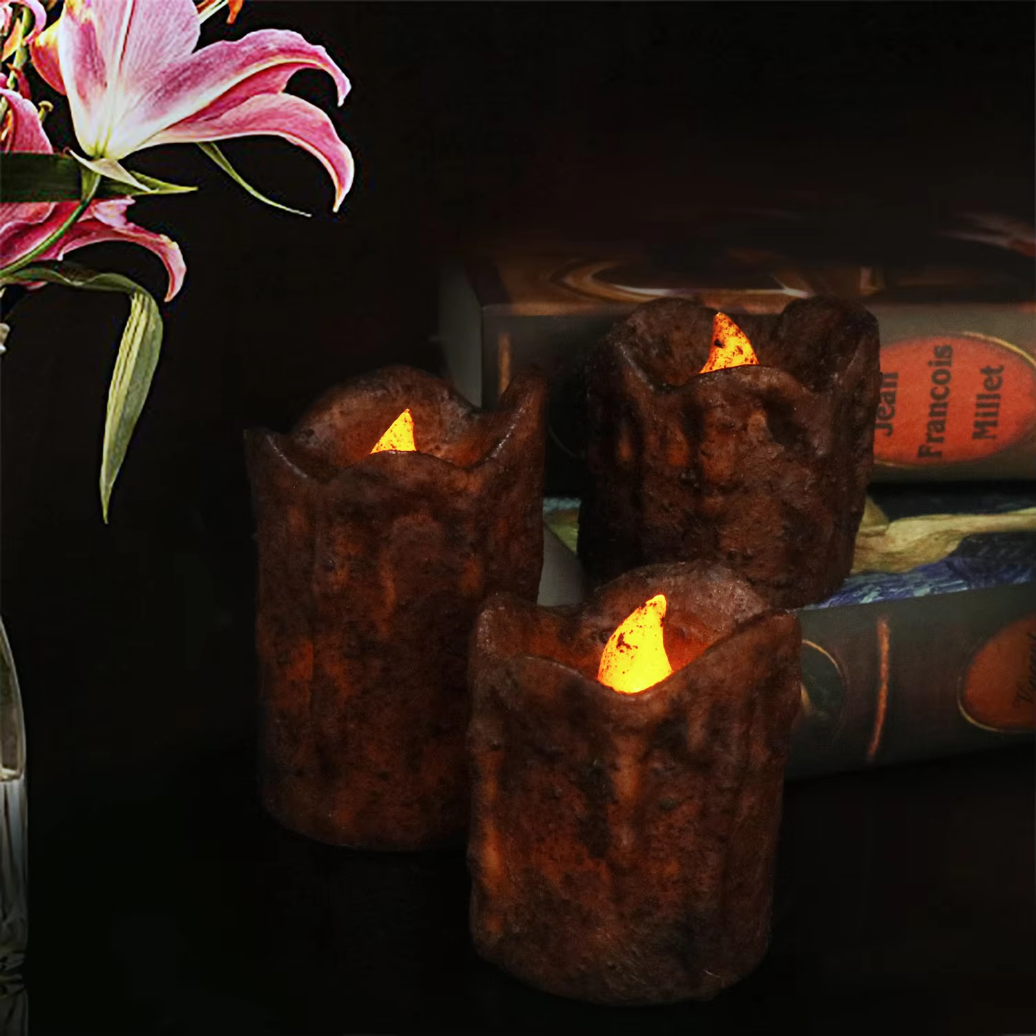 Rustic Battery Operated Brown Paraffin Wax Electric Flickering Flame Pillar Candles for Halloween Table Home Decoration