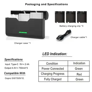 Boîtier de <span class=keywords><strong>chargeur</strong></span> portable en métal de haute qualité à trois emplacements, charge à 3 canaux, stockage de carte TF pour <span class=keywords><strong>Hero</strong></span> 5/6/7/<span class=keywords><strong>8</strong></span>/9/10/11/12/13 - Product Image 6