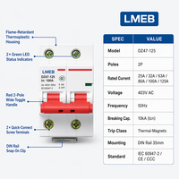 Pemutus Sirkuit Miniatur Liangkai DZ47s 3P 2-Pole 25A 6kA Kapasitas Pemutusan 230/400V Pemasangan Panel dengan Proteksi Li