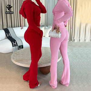 Ensemble de survêtement deux pièces F5300 pour femme : tenue <span class=keywords><strong>avec</strong></span> sweat à capuche court à manches longues et pantalon évasé taille haute, idéal pour l'entraînement - Product Image 1