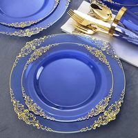 Assiettes rondes bleues avec bordure en dentelle dorée royale, assiettes en plastique de qualité supérieure, ensemble d'assiettes de présentation, assiettes jetables pour mariage, pour 50 invités