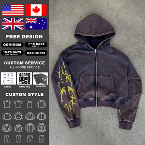 Sweat à capuche court et ample pour homme, sans cordon de serrage, à double fermeture éclair, avec logo personnalisé sérigraphié, effet vieilli, délavé à l'acide, en tissu épais - Product Image 2