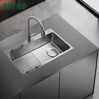 Évier de cuisine multifonctionnel Nisko 304 en acier inoxydable noir ou argenté, fait main, avec cascade intégrée