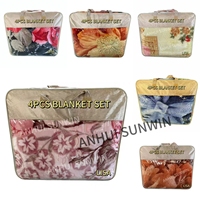En gros, Ensemble de 4 à 6 couvertures en vison pour lit double, pour l'hiver, taille King, 4 kg, 2 plis, couverture Raschel imprimée A&B avec jupe de lit
