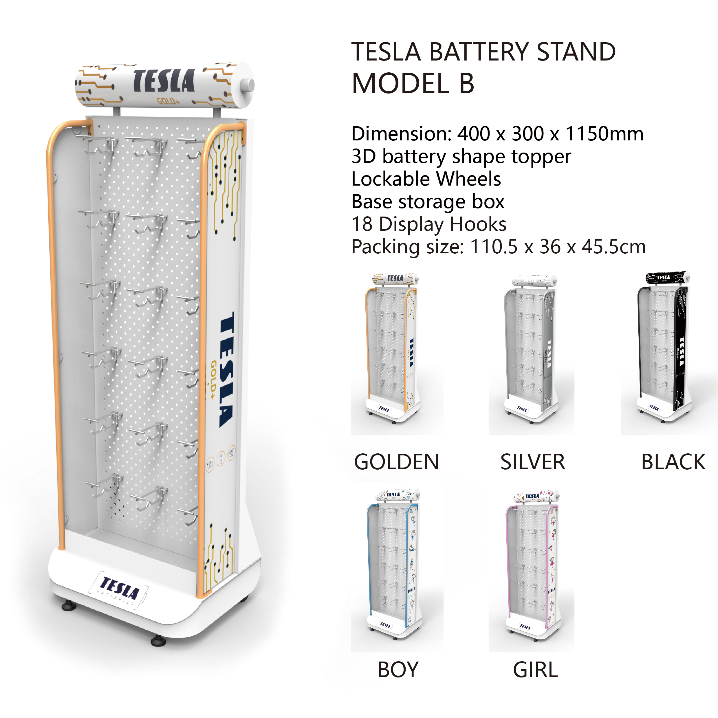 Battery Metal Display Rack Rechargeable Battery Single-side Floor Stand Hole Plate Shelf with Mobile Hooks and Wheels. — view 2