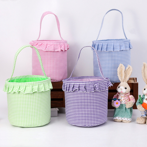 Keranjang Paskah Motif Kotak-kotak Lucu untuk Anak Perempuan dan Laki-laki, Warna Pink dan Biru, untuk Berburu Telur Paskah - Product Image 1