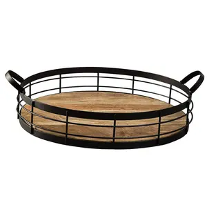 Rustic Brown Grid Design Metal Wire Frame Round Wood Serving Tray for Home