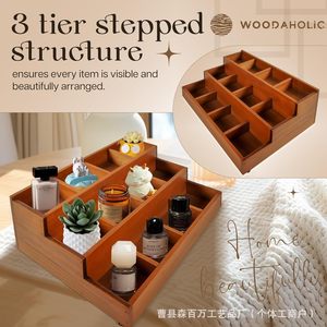 Woodaholic 3 Tier Stepped Wooden <b>Storage</b> <b>Tray</b> Multi Compartment Organizer For Desk Home Office Makeup Beauty Items - Product Image 1