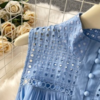 Vacances d'été pour femmes à simple boutonnage français doux vent bleu col découpé robes sans manches