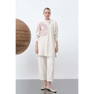 Women's Jacquard Front Zipper Detail <b>Trousers</b> Set - 14312TKS - SAND BEIGE-ORANGE - Product Image 1