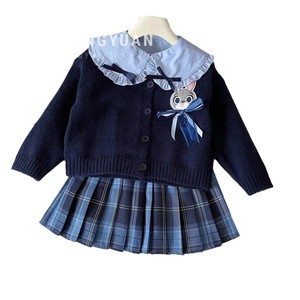 Tongxingyuan Girls' School Style Sweater Pleated Skirt Set Blue Cartoon Rabbit Design Children's Outfit Spring Autumn Wear - Product Image 5